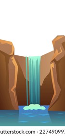 Waterfall in rocks. Landscape with rocks and river among stones. Isolated on white background. is flowing. Splashes are pouring. Cartoon fun style. Flat design. Vector.