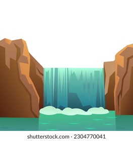 Waterfall in rocks. Landscape with rocks and river among stones. Water is flowing. Isolated on white background. Splashes are pouring. Cartoon fun style. Flat design. Vector.