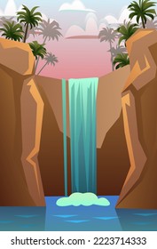 Waterfall in rocks. Pink sunset. Landscape with rocks and river among stones. Water is flowing. Splashes are pouring. Cartoon fun style. Flat design. Vector.