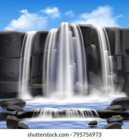 Waterfall and rocks scenery realistic background with beautiful nature vector illustration