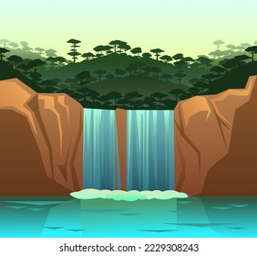 Waterfall in rocks. Tropical jungle hills. Landscape with rocks and river among stones. Water is flowing. Splashes are pouring. Cartoon fun style. Flat design. Vector.