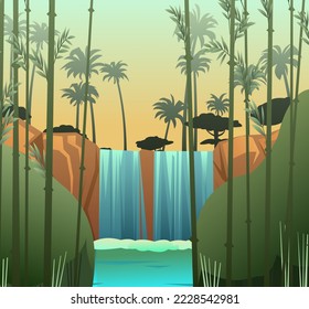 Waterfall in rocks. Tropical thickets and bamboo grove. Landscape with rocks and river among stones. Water is flowing. Splashes are pouring. Cartoon fun style. Flat design. Vector.