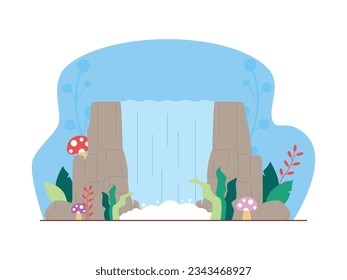 Waterfall rushing from top to bottom, hidden beauty in the wild, jungle vector illustration.