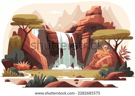 Waterfall in the savannah nature background. Vector illustration of a cartoon style.