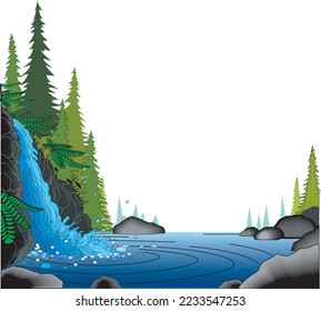Waterfall Scene Border Vector Illustration