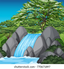 Waterfall scene with green trees and blue sky illustration