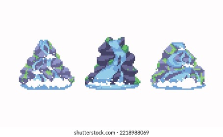 Waterfall scene isolated pixel art set. River flow from the hill collection. Mountain Lake. 8 bit sprite. Game development, mobile app.  Isolated vector illustration.