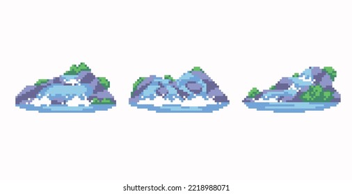 Waterfall scene isolated pixel art set. River flow from the hill collection. Mountain Lake. 8 bit sprite. Game development, mobile app.  Isolated vector illustration.