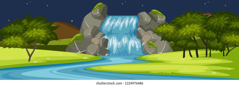 Waterfall scene at night illustration