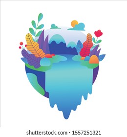 Waterfall scene with tree on the rock illustration