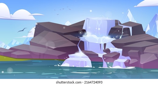Waterfall scenery landscape, water stream fall from rocks into sea or lake. Falling river jet cascade pour to pond with stones and mountain snowy peaks under blue cloudy sky, Cartoon Vector background