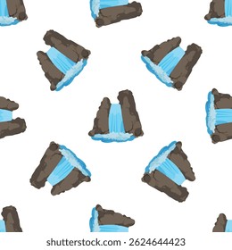 Waterfall seamless pattern flowing down rocks in cartoon style on white background