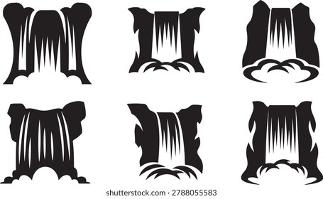 Waterfall shapes, mountain water stream, nature icons.