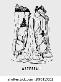 Waterfall Sketch. Hand Drawn Vector Illustration