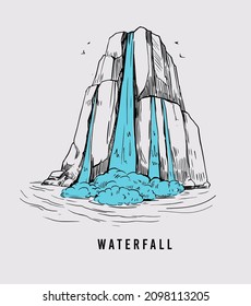 Waterfall Sketch. Hand Drawn Vector Illustration