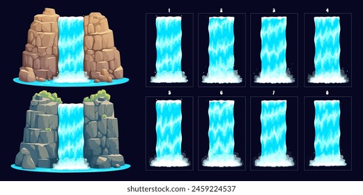 Wasserfall Sprite Blatt Animation der Wasserkaskade oder Fluss-Stream, Vektorgrafik Spiel UI Elemente. Cartoon-Wasserfall oder Wasserkaskade, Fluss fällt von Gebirgsfelsen mit Spritzer für Arcade-Spiel-Schnittstelle