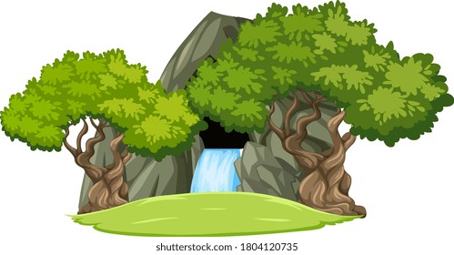 Waterfall stone cave with trees isolated on white background illustration