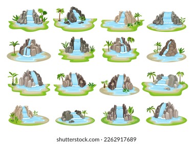 Waterfall with Stone Rock Cascade with Streaming Water Big Vector Set