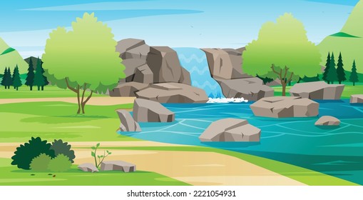 A waterfall with stones laid out in the forest.