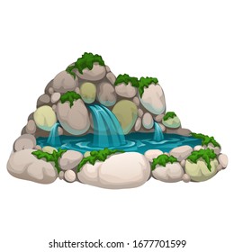 Waterfall from the stream isolated on white background. Vector cartoon close-up illustration.