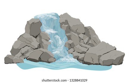 Waterfall with streams of water, rock and stones. Realistic vector natural object for landscapes.