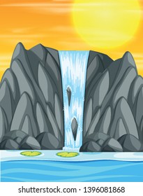 Sonnenuntergang bei Wasserfall, Vektorgrafik