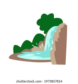 A waterfall surrounded by green trees. Sign for a map or app, waterfall icon. Flat vector illustration