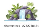 A waterfall surrounded by lush greenery and rocks isolated on white background, Vector, illustration