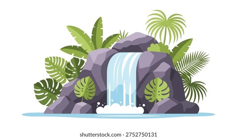 A waterfall surrounded by lush greenery and rocks isolated on white background, Vector, illustration