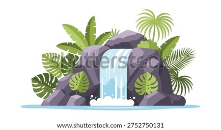 A waterfall surrounded by lush greenery and rocks isolated on white background, Vector, illustration