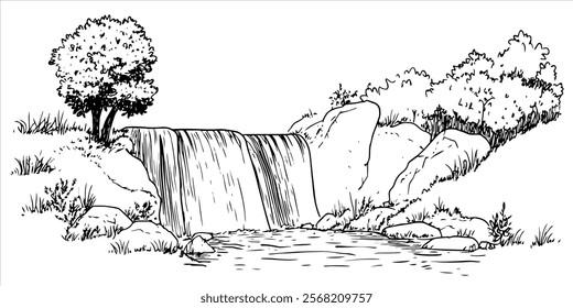 waterfall surrounded by trees and rocks in black illustration