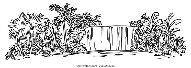 waterfall surrounded by tropical plants and palms hand drawn doodle sketch