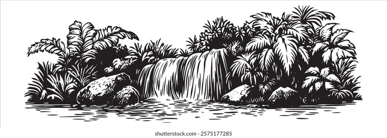 waterfall surrounded by tropical plants in monochrome hand-drawn style