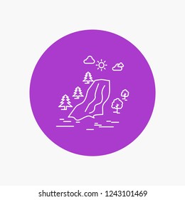 waterfall, tree, pain, clouds, nature White Line Icon in Circle background. vector icon illustration