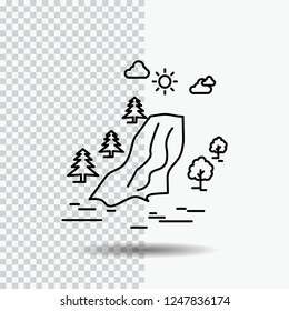 waterfall, tree, pain, clouds, nature Line Icon on Transparent Background. Black Icon Vector Illustration