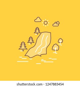 waterfall, tree, pain, clouds, nature Flat Line Filled Icon. Beautiful Logo button over yellow background for UI and UX, website or mobile application