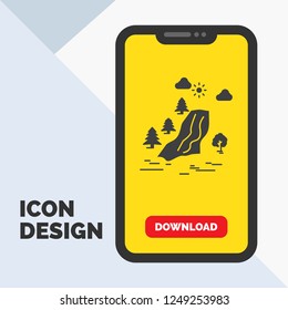 waterfall, tree, pain, clouds, nature Glyph Icon in Mobile for Download Page. Yellow Background