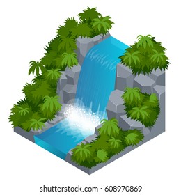 Waterfall in tropical forest. Build your own infographics collection. Vector isometric illustration