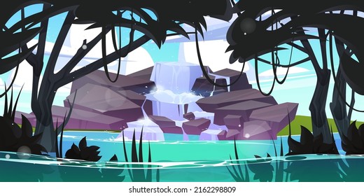 Waterfall in tropical jungle with trees, lianas and rocks. Vector cartoon illustration of summer exotic landscape with rainforest, grass, stones and water stream cascade