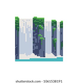 Waterfall tropical landscape pixel art icon. Beautiful nature. Isolated vector illustration. 8-bit sprite. Design for stickers, logo, mobile app, embroidery.