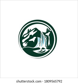 waterfall under the mountain logo icon design silhouette