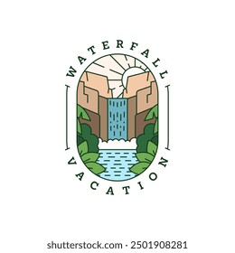 waterfall vacation illustration monoline or line art style vector