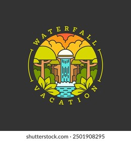 waterfall vacation illustration monoline or line art style vector