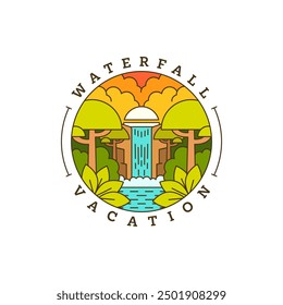 waterfall vacation illustration monoline or line art style vector