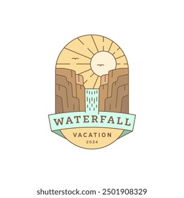 waterfall vacation illustration monoline or line art style vector