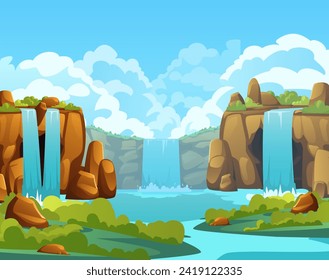 Waterfall in valley vector illustration. Cartoon summer scenery with river water falling down from mountain rocks, cliff, green bushes and blue sky. Wild canyon nature, tropical flora