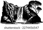 Waterfall vector black line illustration isolated white. Sketch art