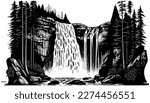 Waterfall vector black line illustration isolated white. Sketch art