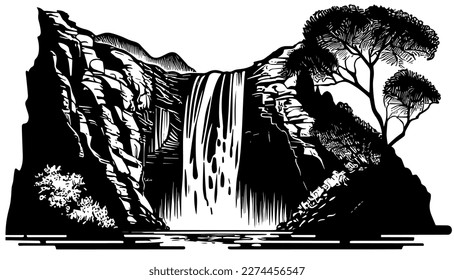 Ilustración de línea negra vectorial de cascada aislada blanca. Dibujo artístico