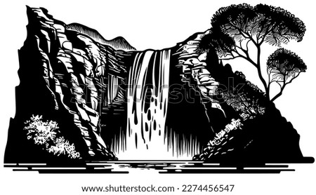 Waterfall vector black line illustration isolated white. Sketch art